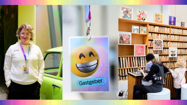 Fotos von Menschen in der Ausstellung und Gastgeber-Anhänger mit Smiley
