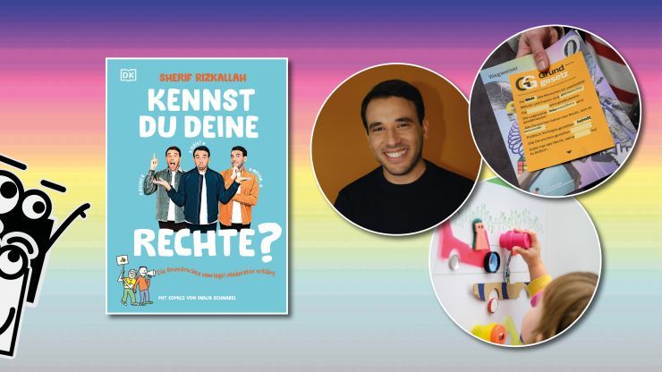 Collage mit Fotos aus der Dauerausstellung „Du bist Teil der Geschichte!“, Porträtfoto von Sherif Rizkallah und einer Grafik von den Klotzis, unseren Maskottchen