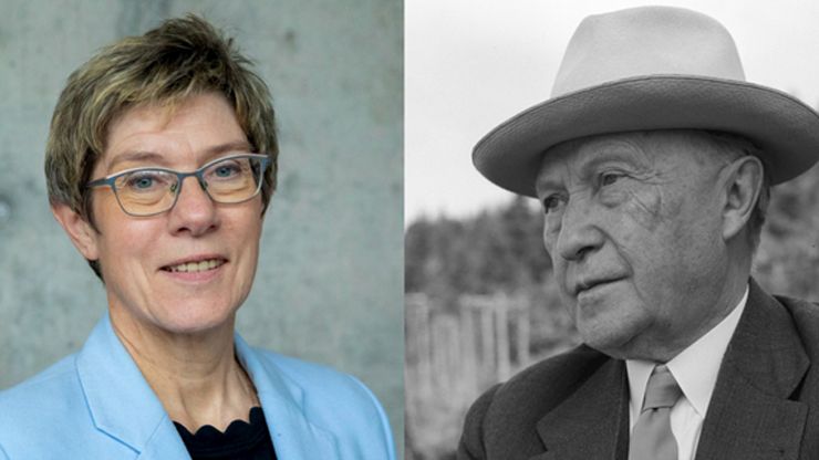 Porträtfoto von Annegret Kramp-Karrenbauer und schwarz-weiß Porträtfoto von Konrad Adenauer