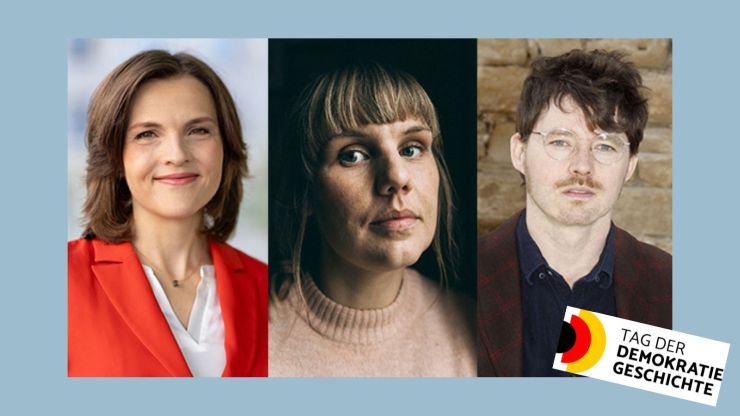 Drei Porträtfotos der Gäste Elisabeth Kaiser, Sophie Kirchner und Philipp Baumgarten mit Logo vom Tag der Demokratiegeschichte