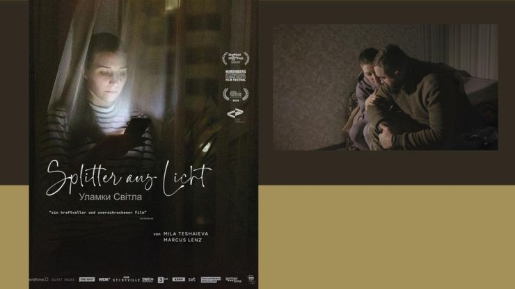 Filmplakat von „Splitter aus Licht“ mit Frau und Smartphone im dunklen Zimmer sowie Foto aus dem Film von Mann und Frau auf einem Bett sitzend