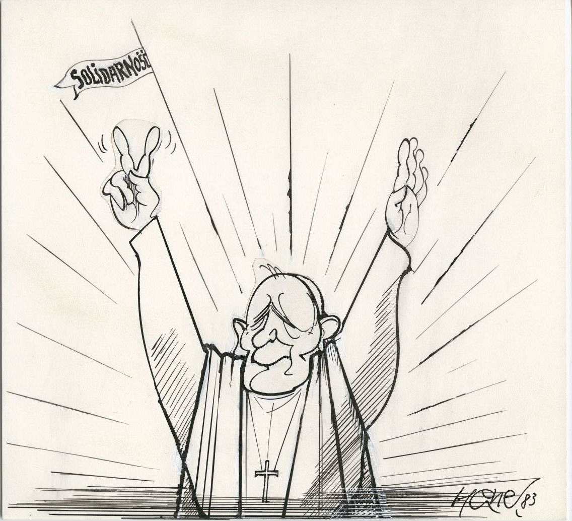 Karikatur von Papst Johannes Paul II. in Siegerpose mit Strahlenkranz und der Aufschrift 