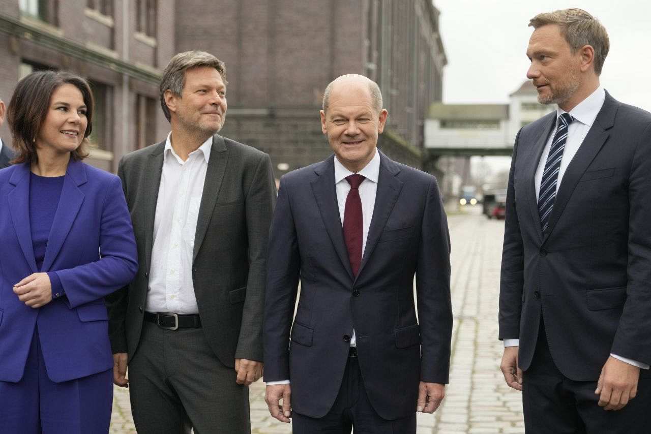 SPD-Kanzlerkandidat Olaf Scholz steht gemeinsam mit den Grünen-Chefs Annalena Baerbock und Robert Habeck sowie dem FDP-Vorsitzenden Christian Lindner nach Abschluss der Koalitionsverhandlungen 2021 in Berlin zusammen.