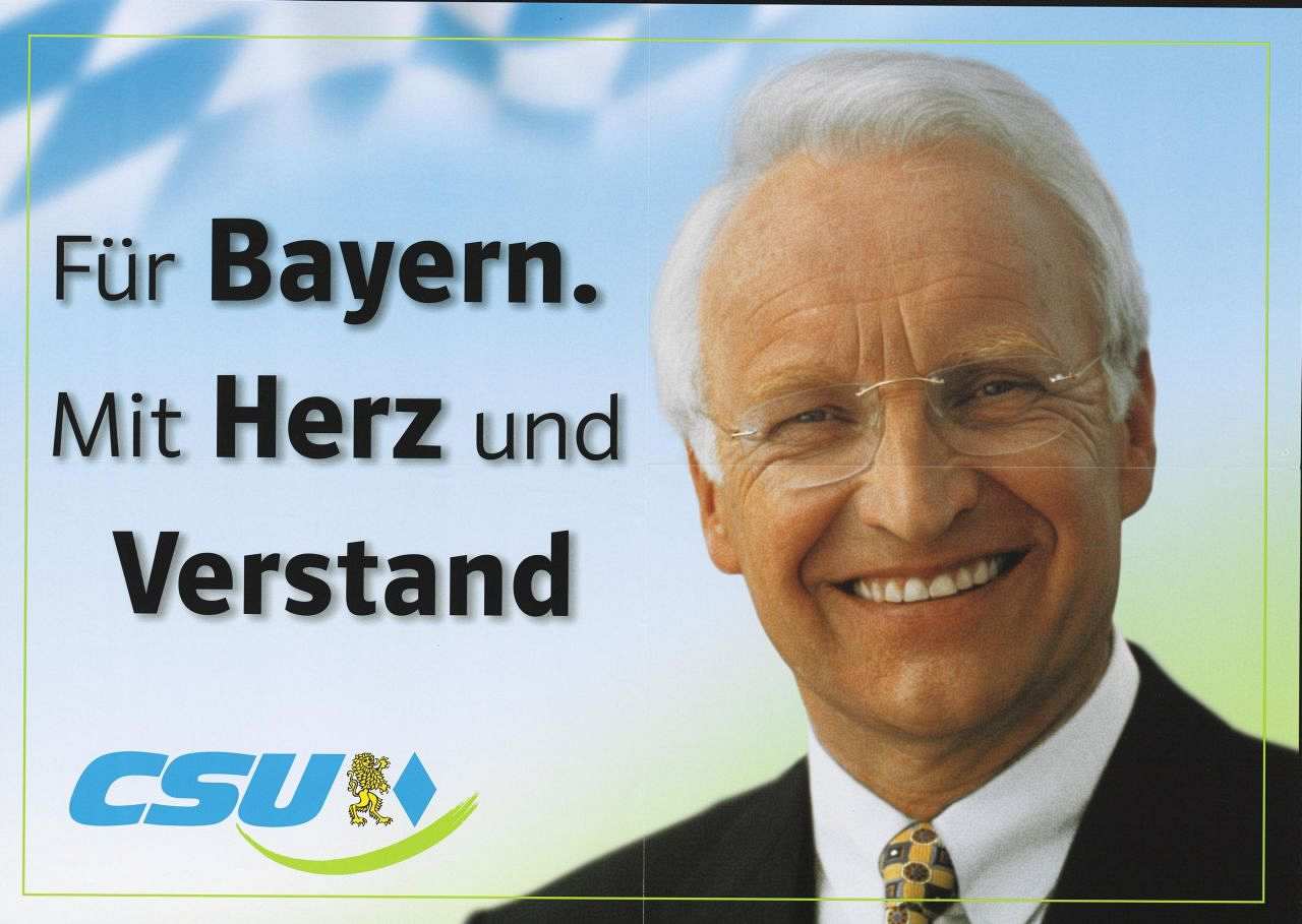 CSU-Wahlplakat für die bayerische Landtagswahl 1998 mit dem Porträtfoto von Edmund Stoiber. Mit dem Schriftzug 