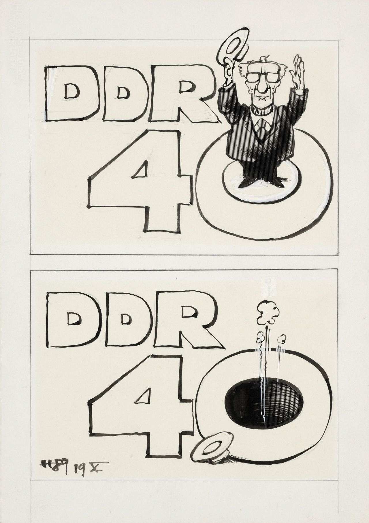 Zwei Bilder, jeweils mit großer Schrift: DDR 40, Honecker steht auf dem oberen Bild in der Null und auf dem unteren Bild fällt er durch.