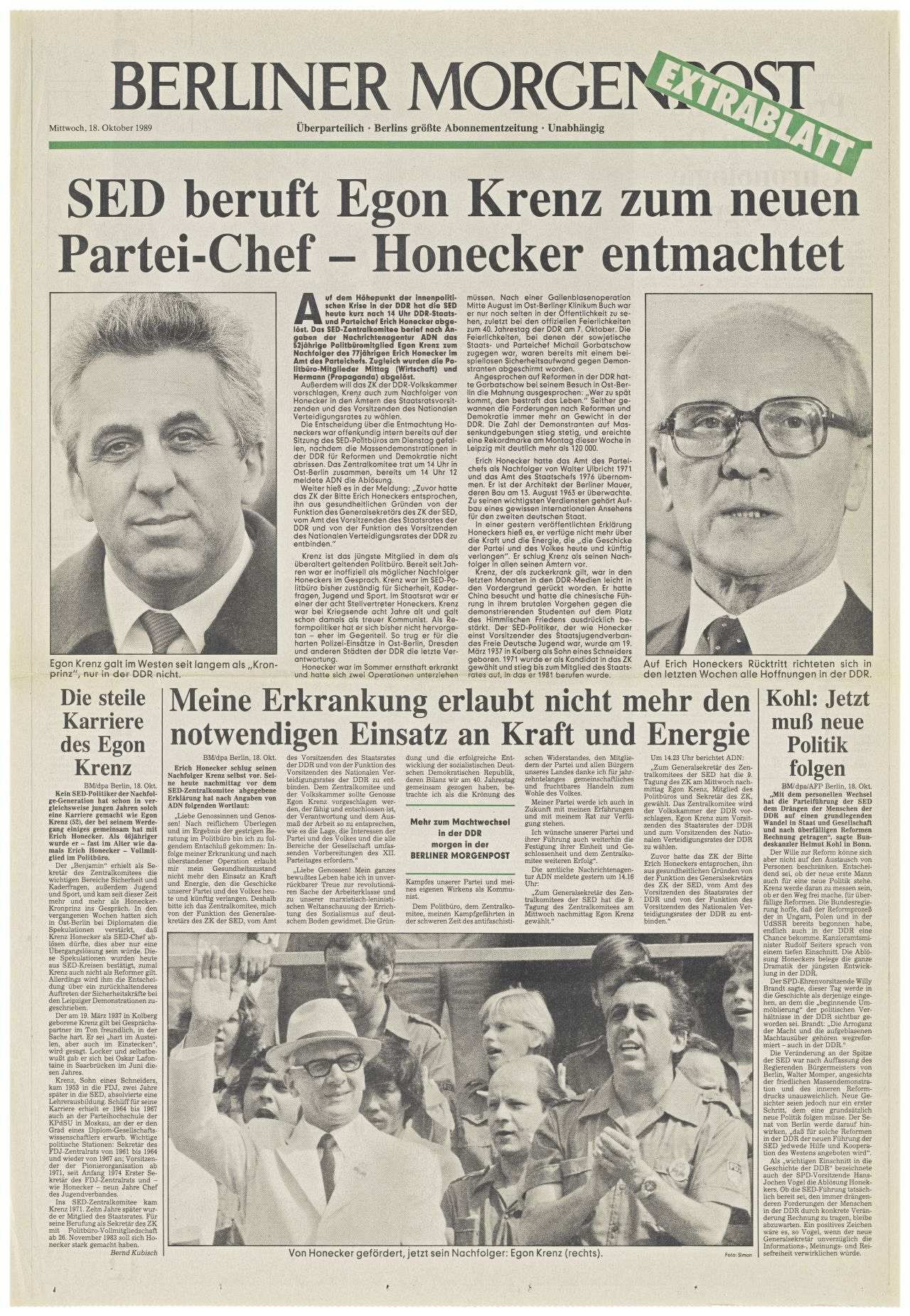 1 Blatt; doppelseitig bedruckt; Schlagzeile auf der Titelseite: SED beruft Egon Krenz zum neuen Partei-Chef - Honecker entmachtet; darunter schwarz/weiß-Fotos von Egon Krenz und Erich Honecker.