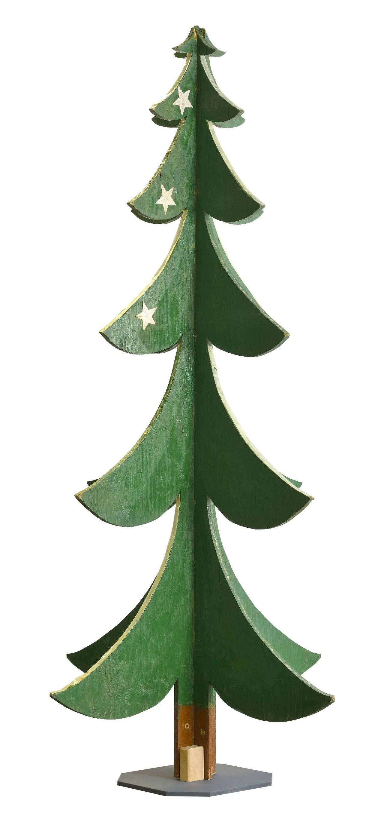 Aus Holzplatten ausgesägter, grün bemalter Tannenbaum. Aus vier Teilen zusammengesetzt. Mit Metallständer. Aufgeklebte weiße Papiersterne.