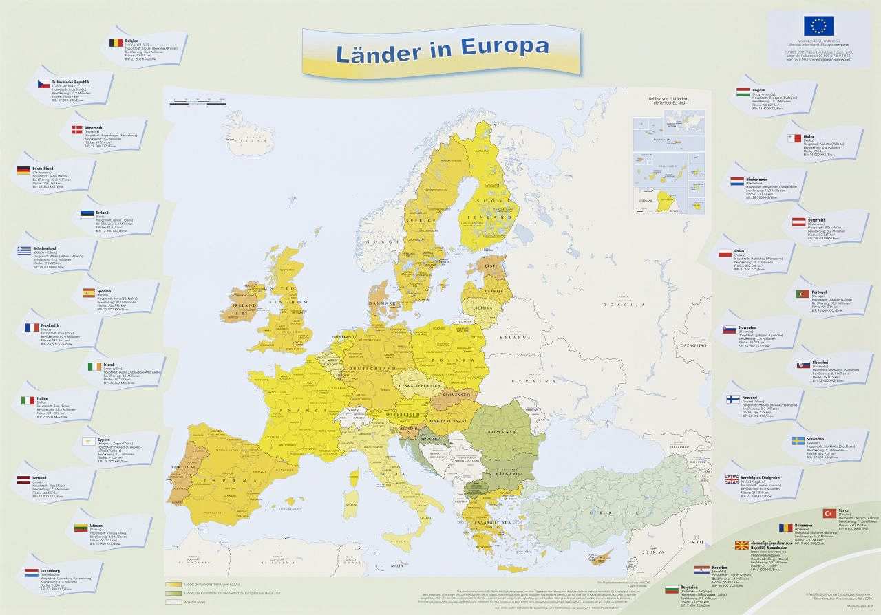 Farbiges Plakat; hellgrüner Hintergrund; oben, mittig: gelb-blaues Banner mit dunkelblauer Schrift: Länder in Europa; mittig: Europakarte; einzelne Länder in unterschiedlichen Farben eingezeichnet: gelb und orange: EU-Mitgliedsstaaten; grün: Beitrittskandidaten; weiß: sonstige Länder; außerdem jedes Land mit Namen in Landessprache versehen