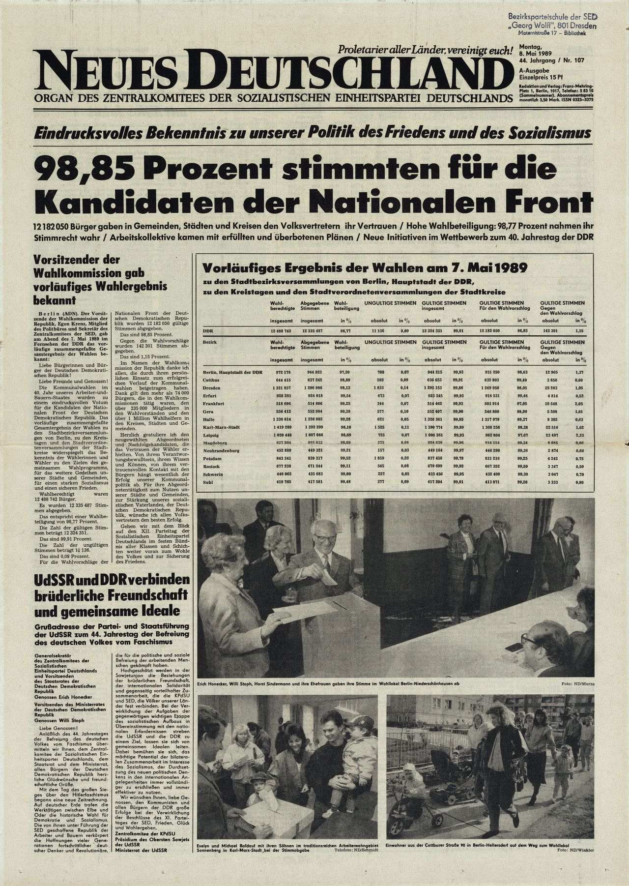 Achtseitig; Schlagzeile auf der Titelseite: Eindrucksvolles Bekenntnis zu unserer Politik des Friedens und des Sozialismus / 98,85 Prozent stimmten für die /Kandidaten der Nationalen Front; Tabelle mit dem vorläufigen Ergebnis der Wahlen am 7. Mai 1989 / zu den Stadtbezirksversammlungen von Berlin, Hauptstadt der DDR, / zu den Kreistagen und den Stadtverordnetenversammlungen der Stadtkreise; mit drei s/w-Fotos. Auf den anderen Seiten weitere Berichte zur Wahl.