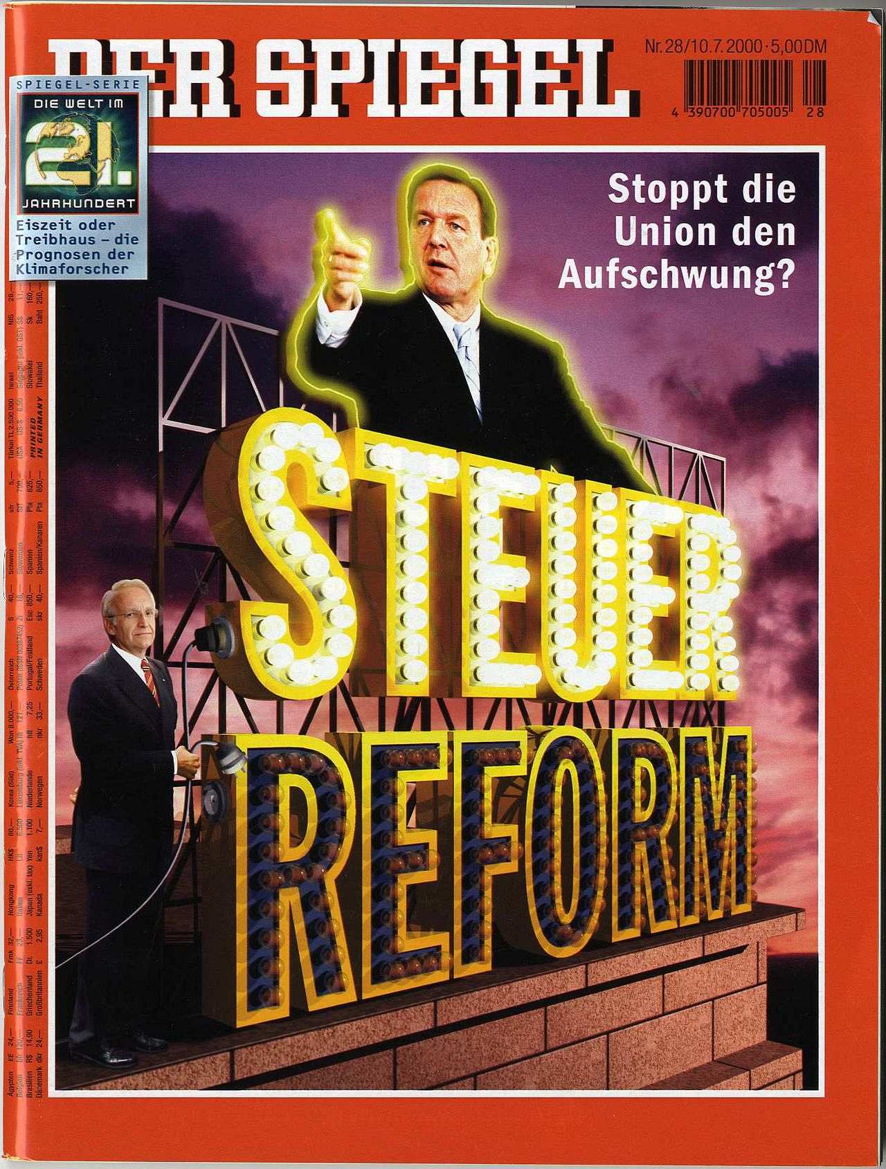 SPIEGEL-Titelseite zur Steuerreform, 10.07.2000. Abbildung einer großen Leuchtreklame: Steuerreform mit einem Bild Gerhard Schröders. Daneben steht Edmund Stoiber. Er zieht den Stecker des unteren Teils der Steuerreform-Leucht-Reklame, so dass nur noch das Wort Steuer aufleuchtet. Dazu der Untertitel: Stoppt die Union den Aufschwung?