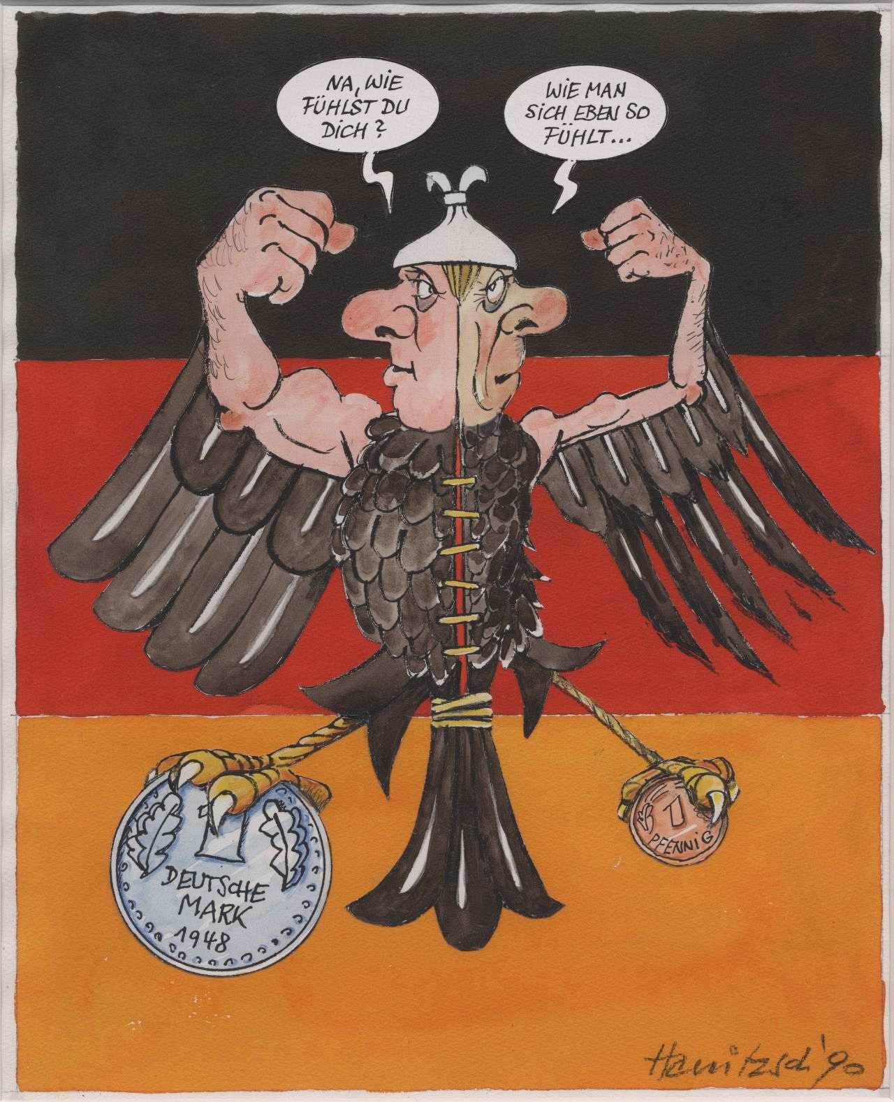 Auf schwarz-rot-goldener Fahne der Bundesadler mit Gesicht und Armen (Deutscher Michel), in der Mitte geteilt. Links: wohlgenährt und rosig, mit 1 Deutsche Mark 1948 im Fang. Rechts: abgemagert und bleich, mit 1 Pfennig im Fang. Linker Teil zum rechten: Na, wie fühlst Du dich?. Rechter Teil zum linken: Wie man sich eben so fühlt.... Signiert: Hanitzsch 90.