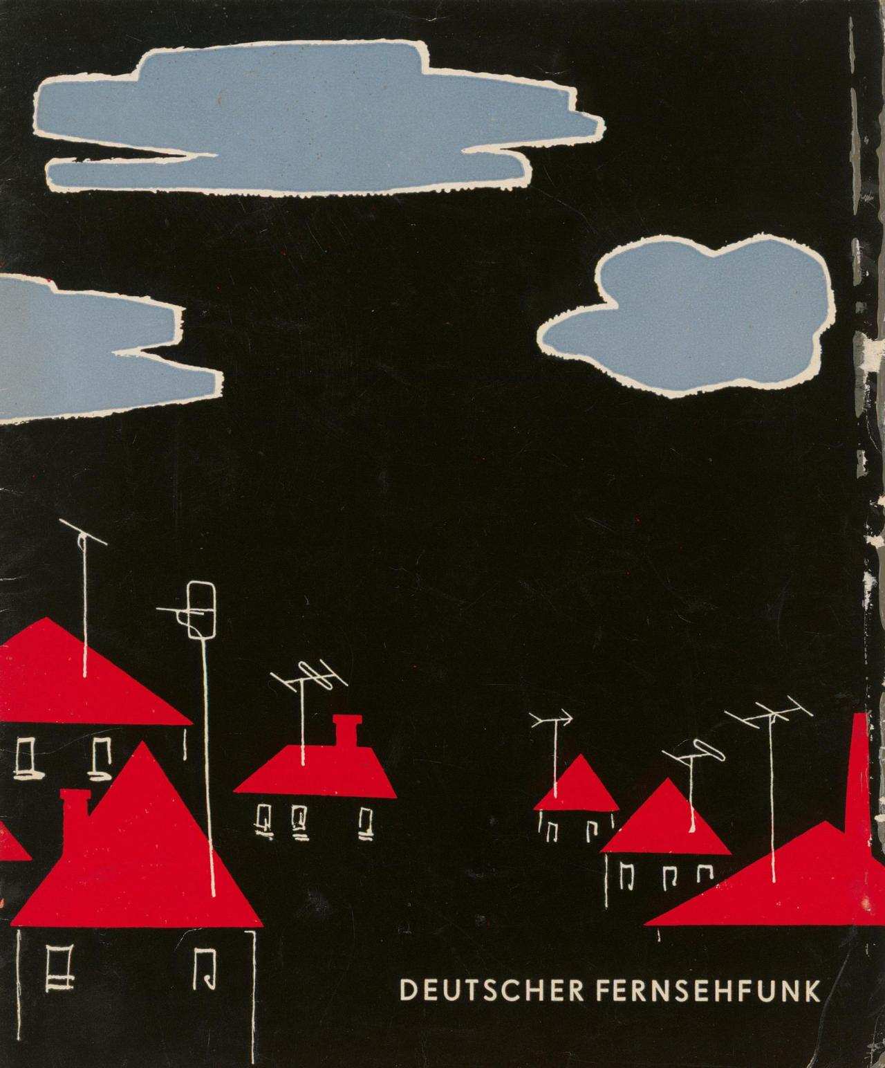 Die Broschüre zeigt einige Häuser mit Antennen auf den Dächern als einfach gehaltene Strichzeichnungen. Unten rechts der Text 