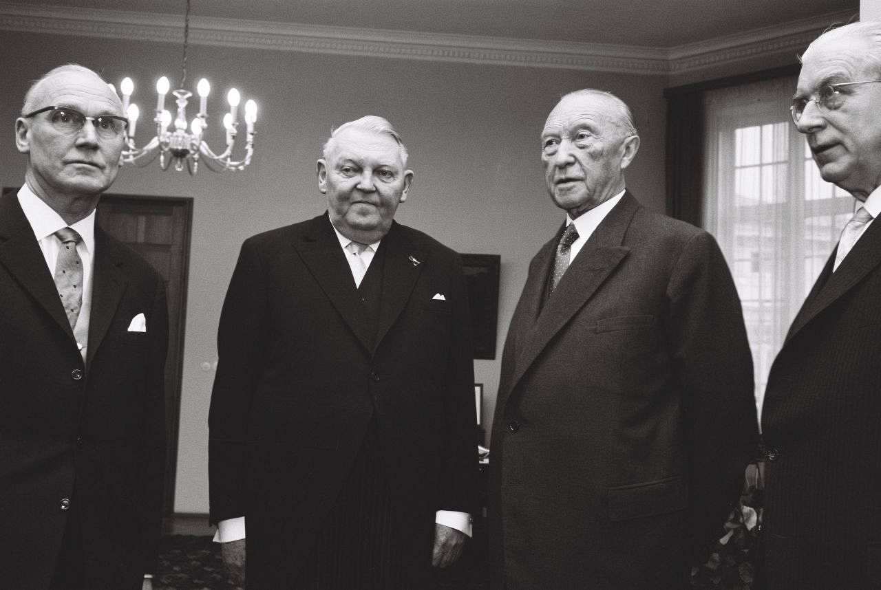 Schwarz-weiß-Fotografie der Amtsübernahme im Palais Schaumburg, Konrad Adenauer und Ludwig Erhard, am 17. Oktober 1963