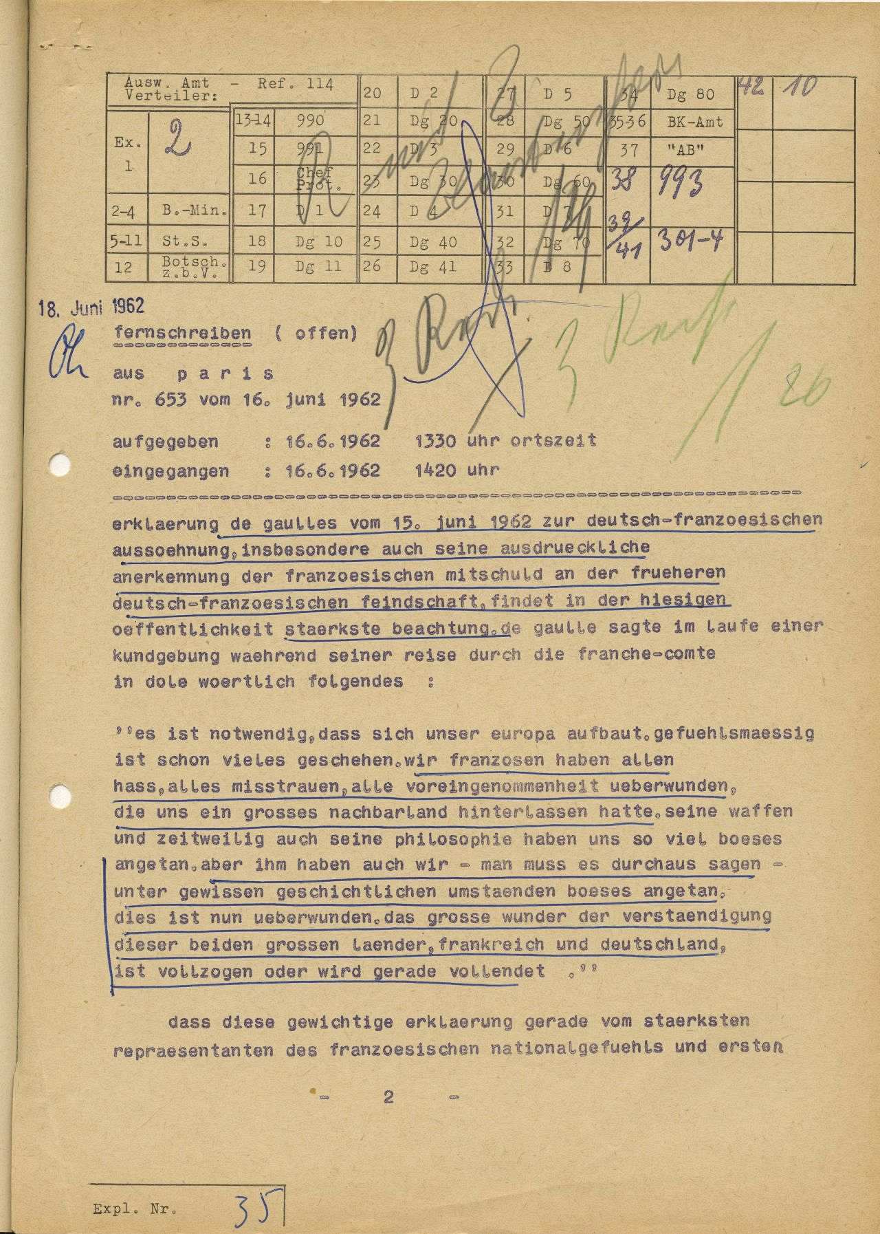 Der französische Staatspräsident Charles de Gaulle erkennt bei einer Kundgebung in Frankreich die französische Mitschuld an der früheren deutsch-französischen Feindschaft an.