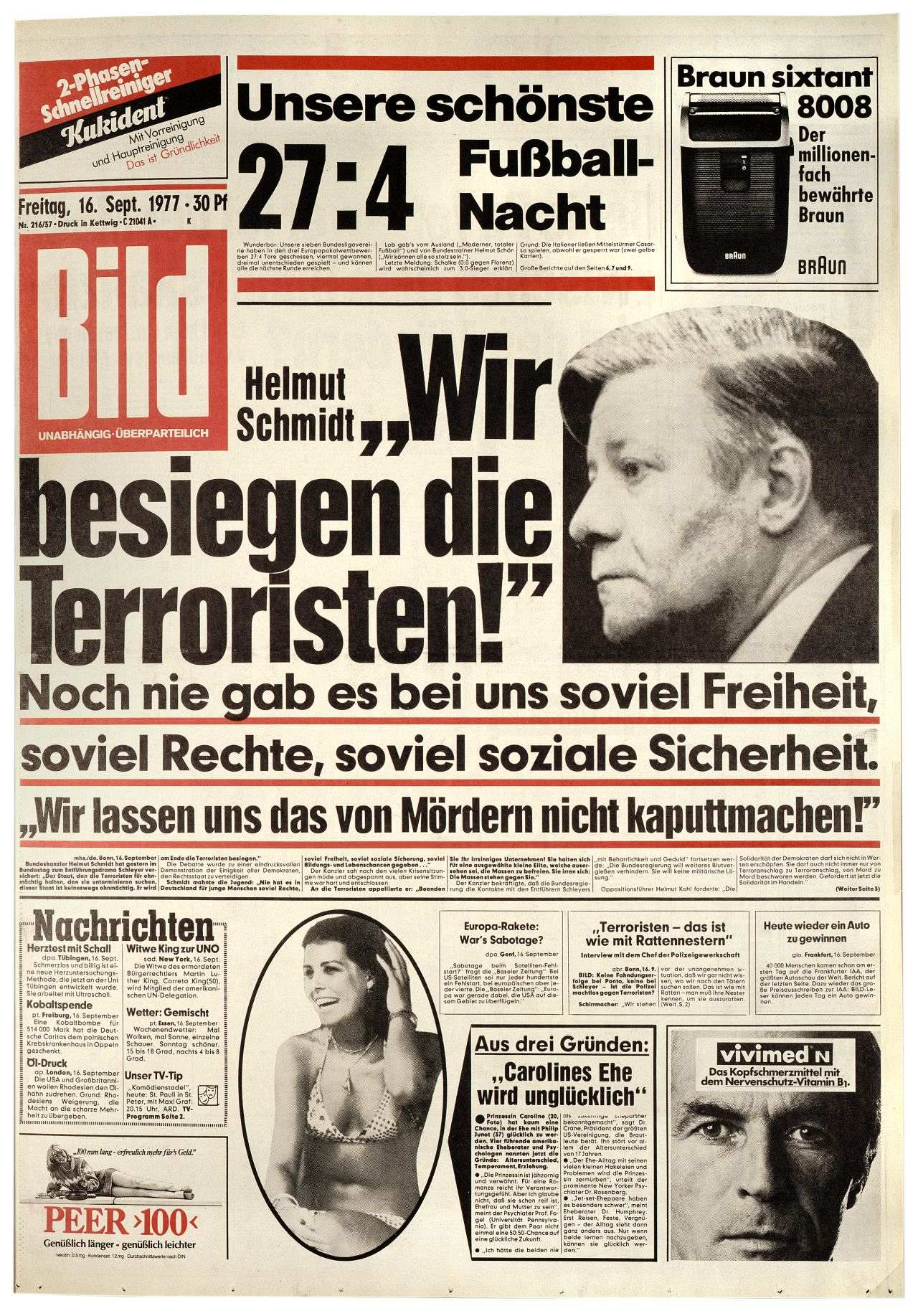 Hauptschlagzeile der Titelseite der Bildzeitung: Helmut Schmidt: Wir besiegen die Terroristen, daneben Halbporträt von Helmut Schmidt und kleinere Schlagzeilen sowie weitere Anzeigen.