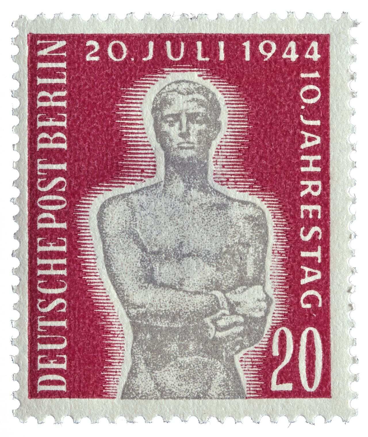 Postfrisches Postwerteichen, rotgrundig, gezähnt; Motiv: Mann in Fesseln (Denkmal von Richard Scheibe, schwarz/weiß); unten rechts: 20 (weiß); Text (weiß) am linken Rand: Deutsche Post Berlin; oben: 20. Juli 1944, am rechten Rand: 10. Jahrestag.