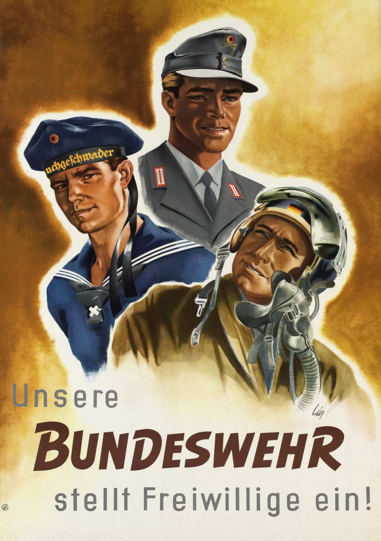 Das Plakat ist in den Farben blau, braun, rot und gelb gehalten. Zu sehen sind drei (gezeichnete) Soldaten der drei Waffengattungen (Heer, Marine, Luftwaffe). Darunter steht der Text: Unsere Bundeswehr stellt Freiwillige ein!