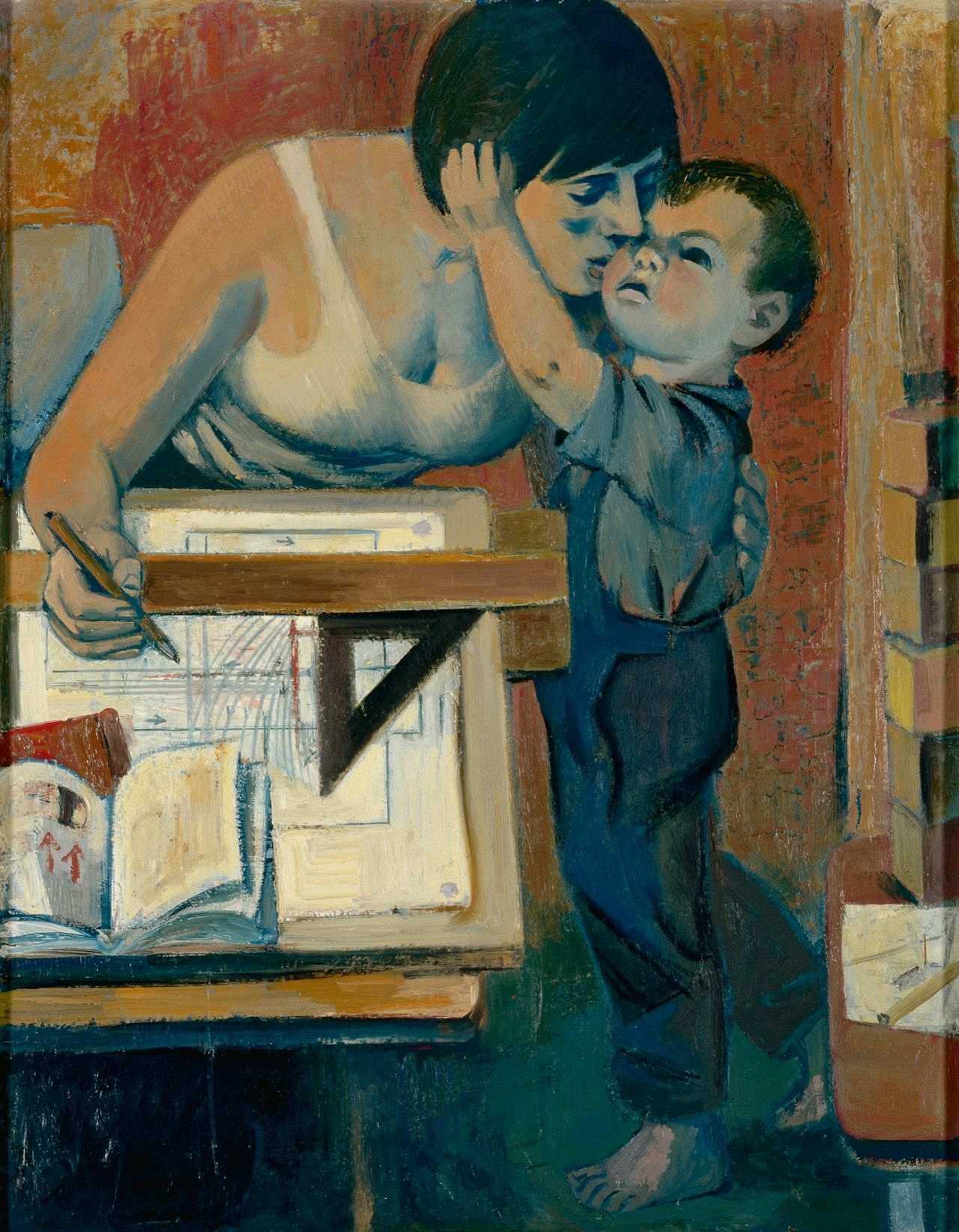 Gemälde mit einer Frau, die an einem Tisch sitzt. Vor ihr liegen Papier, Geodreieck und ein Buch. Sie beugt sich zu einem Kind herunter, das die Arme um ihren Hals legt.