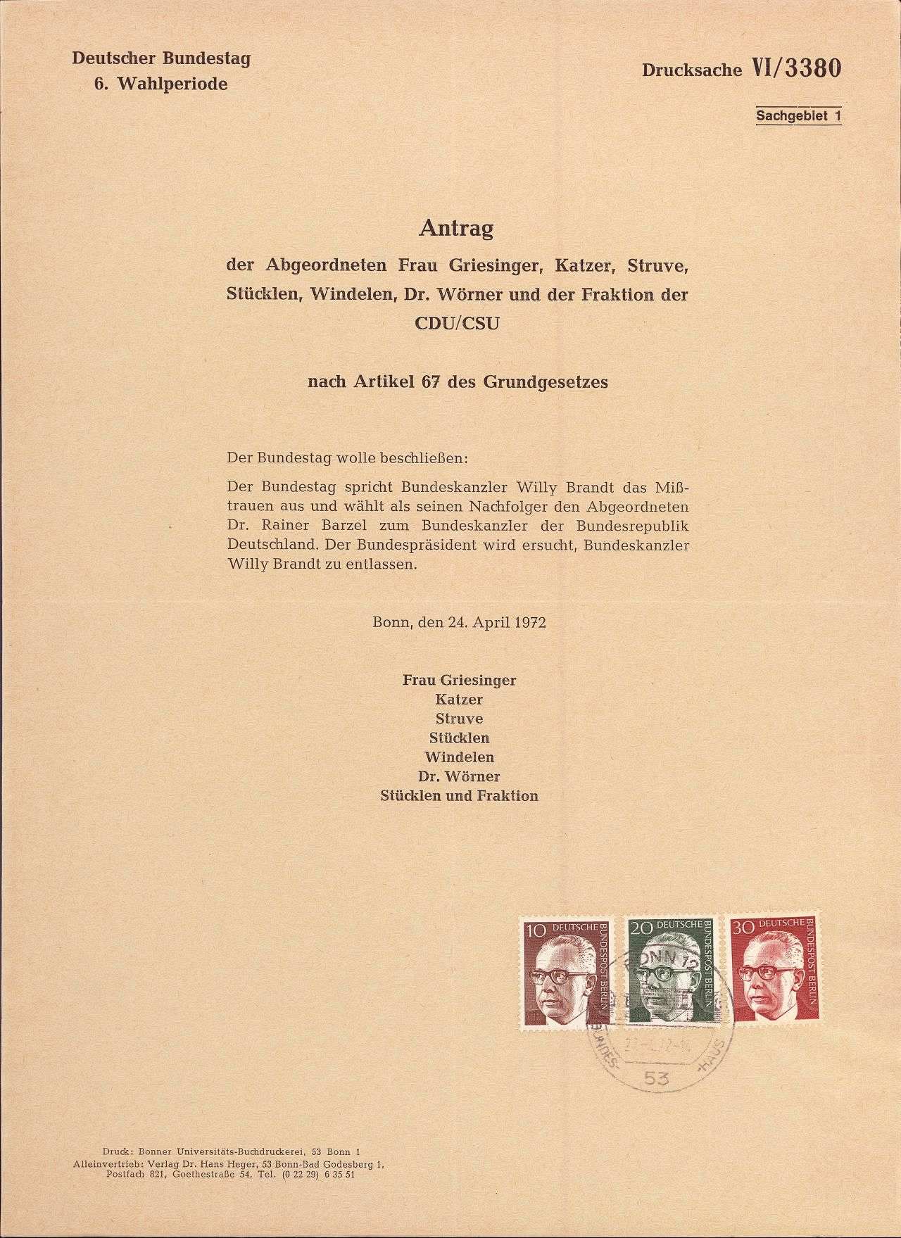 Konstruktives Misstrauensvotum gegen Bundeskanzler Willy Brandt 1972.