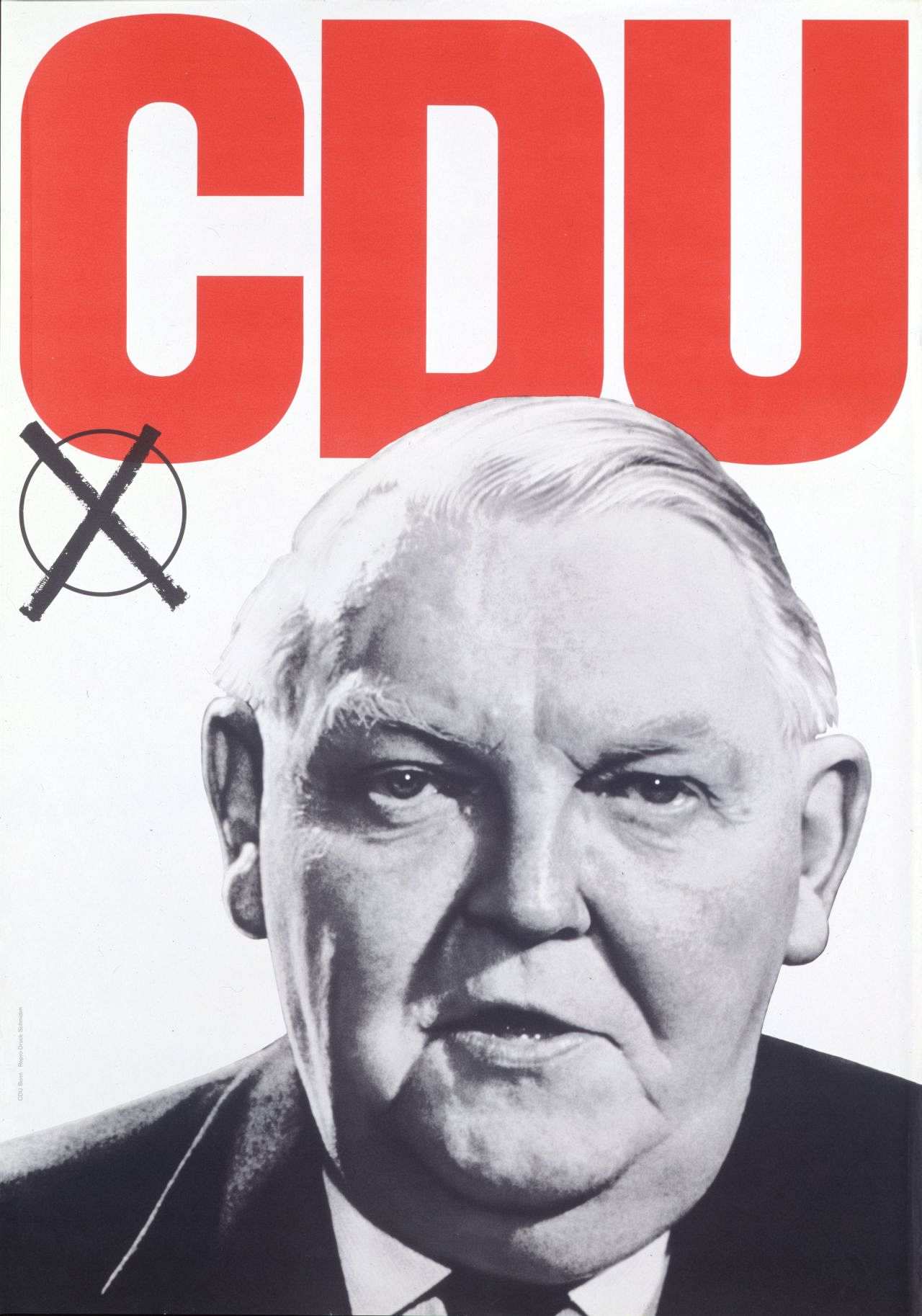 Weißes Blatt mit schwarz-weiß-Portraitfoto Erhards. Text (rot): CDU, (darunter angekreuzt im Kreis).