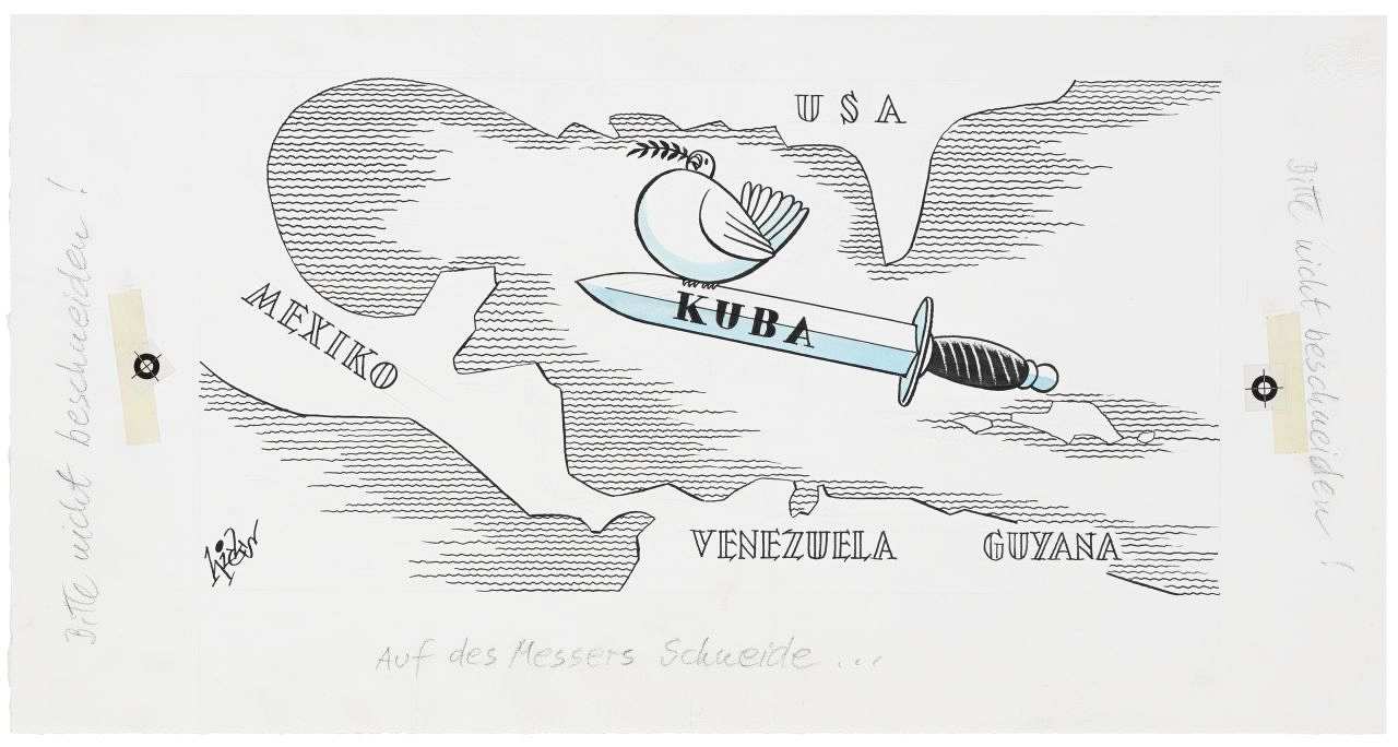 Ein Dolch mit der Aufschrift Kuba, auf dem eine Friedenstaube sitzt, fliegt von Osten in Richtung Karibik über das Meer. Es sind einige Ländernamen um Mittelamerika zu sehen.