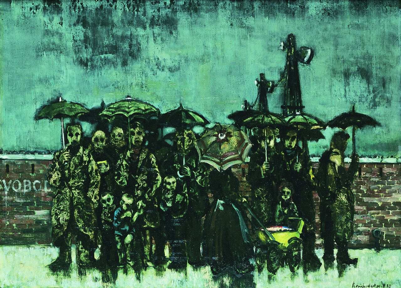 Gemälde, Öl/Hartfaser, in dunklen, graugrünen Farben gehalten, Gruppe von Menschen (Erwachsene und Kinder) steht im Regen vor einer Mauer, einige halten Regenschirme, auf der Mauer steht andeutungsweise SVOBOD(A), unten rechts Signatur: Schieferdecker 8.68.