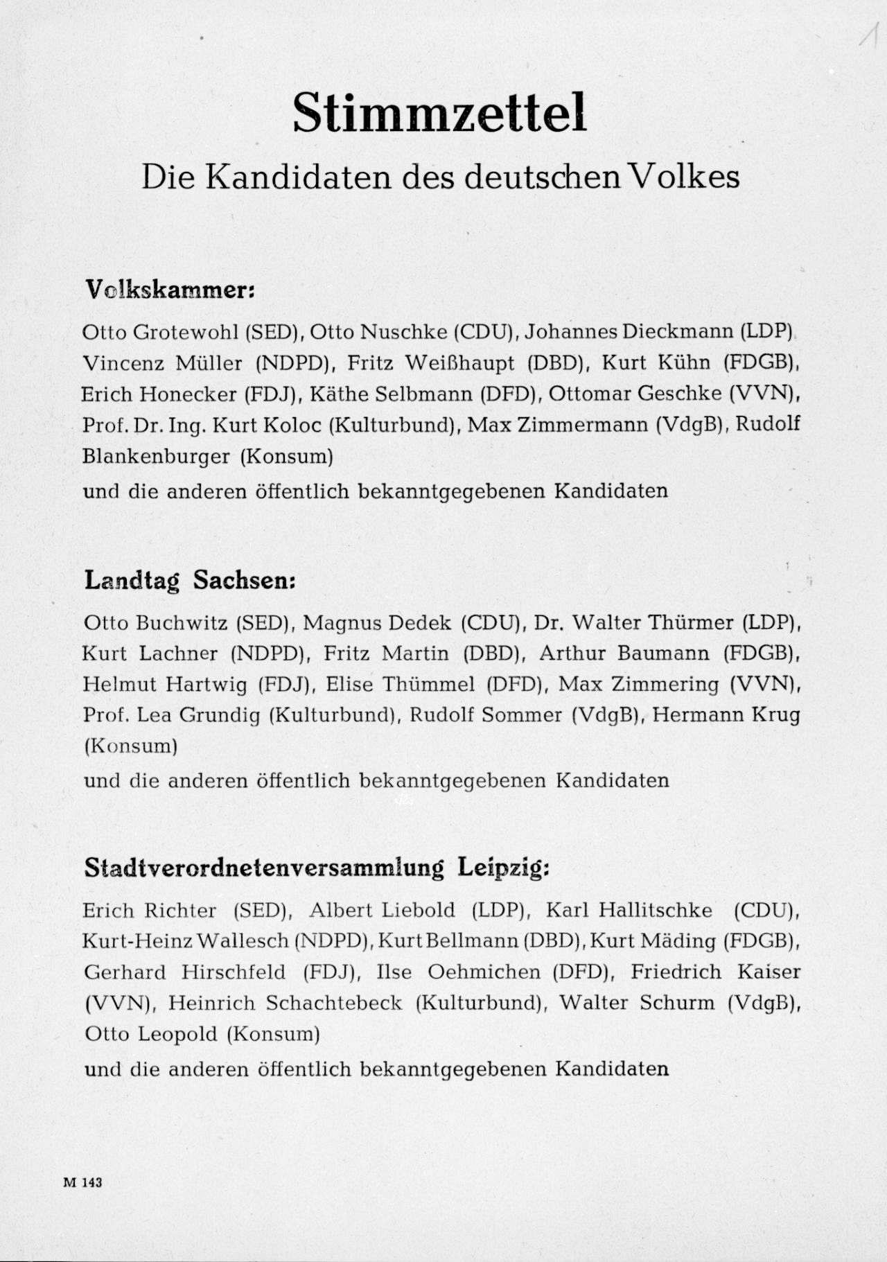 Überschrift: Stimmzettel; Unterzeile: Die Kandidaten des deutschen Volkes. Drei Abschnitte mit den Zwischenüberschriften Volkskammer, Landtag Sachsen und Stadtverordnetenversammlung Leipzig. Darunter jeweils Namen mit der Partei des Kandidaten in Klammern.