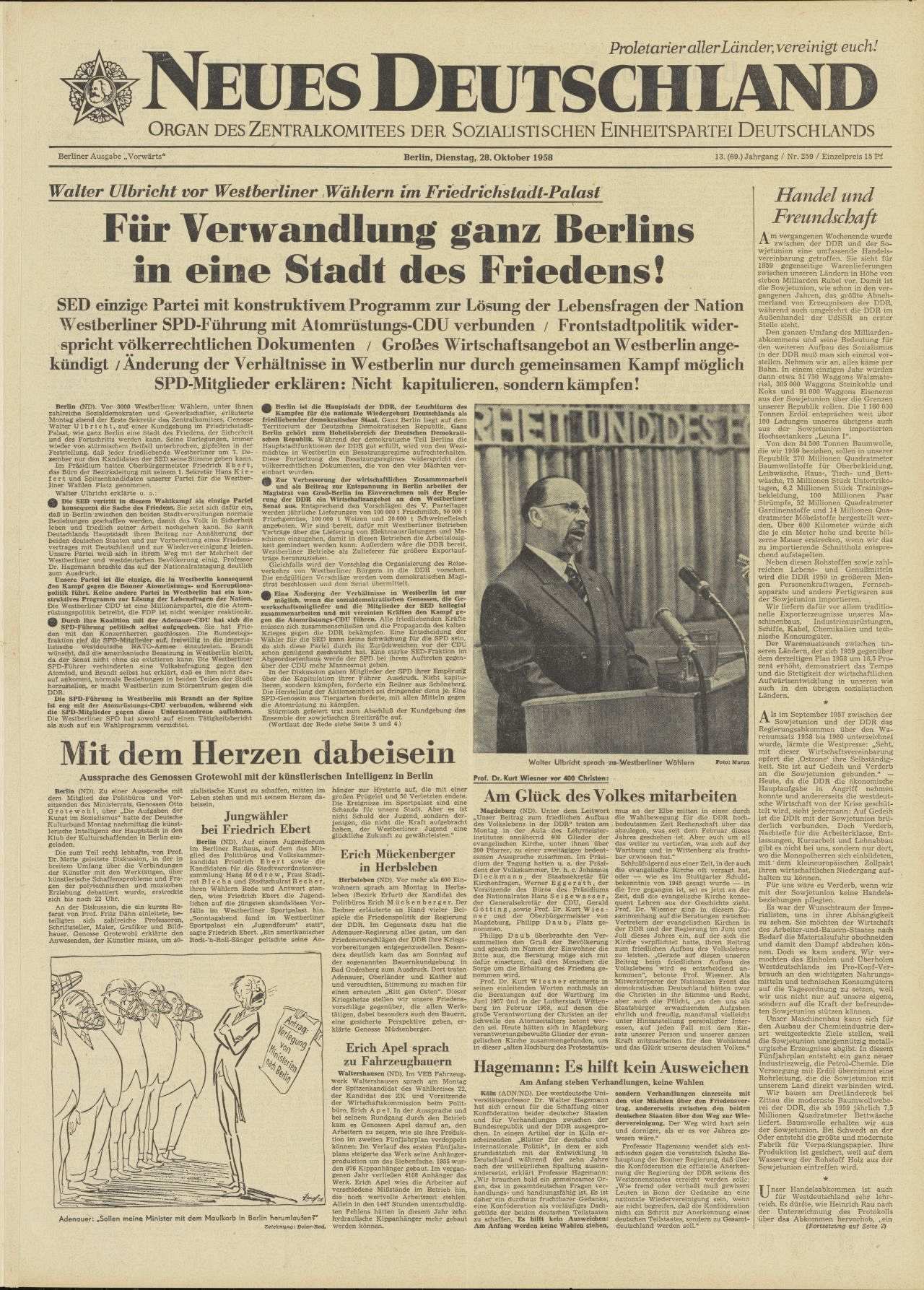 Titelseite oben Artikel: Walter Ulbricht vor Westberliner Wählern im Friedrichstadt-Palast / Für Verwandlung ganz Berlins / in eine Stadt des Friedens!, dazu auch Schwarz/weiß-Fotografie Walter Ulbrichts.
