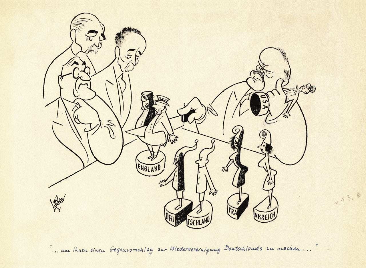 Karikatur, gezeichnet: John Foster Dulles, Harold Macmillan und Antoine Pinay schauen betroffen auf den sowjetischen Außenminister Molotow, der dabei ist, neben dem bereits geteilten Deutschland auch Frankreich, England und die USA zu teilen.