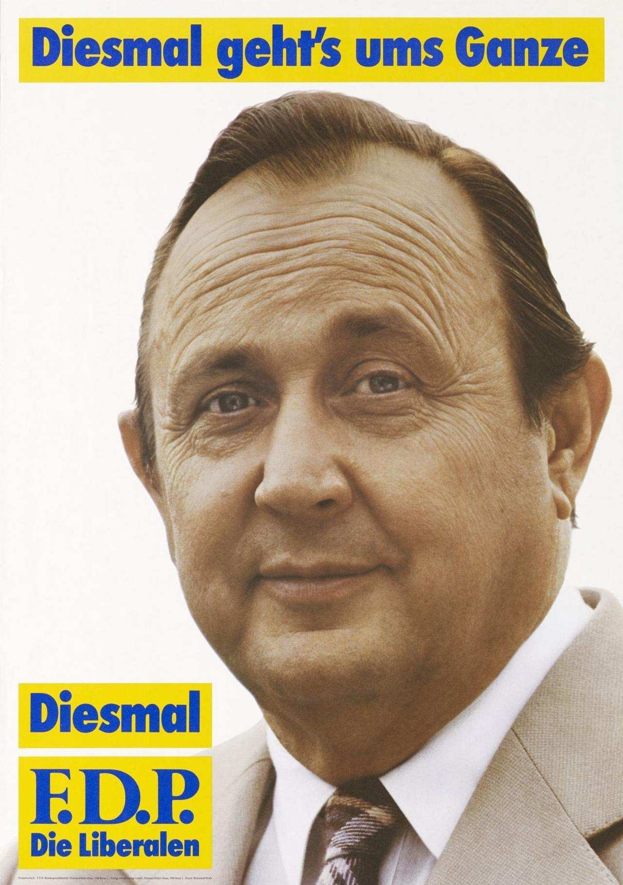 Wahlplakat der FDP mit Profilfoto von Hans-Dietrich Genscher. Slogan: 