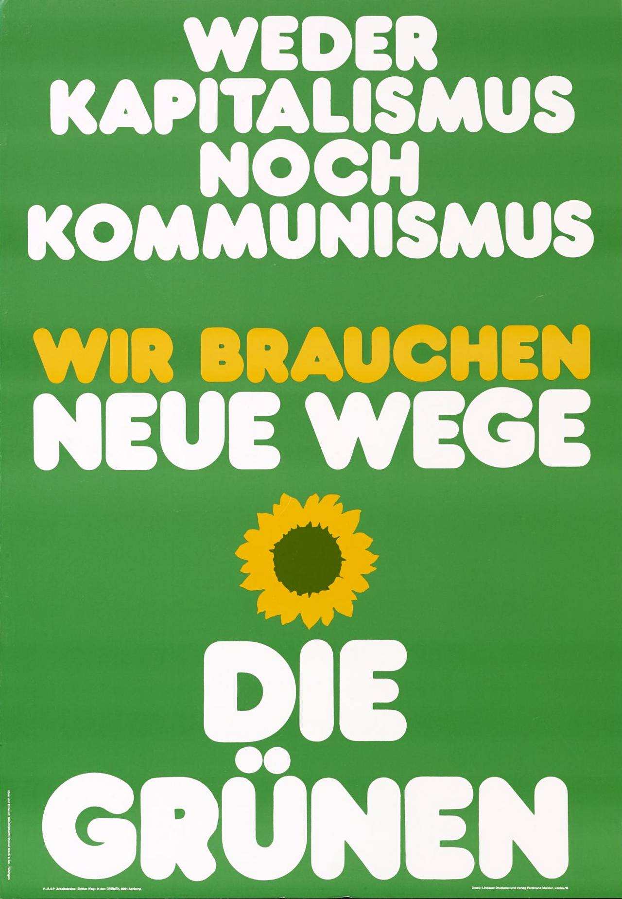 Plakat der Partei die Grünen: Hintergrundfarbe grün, zentrierte Schrift: 