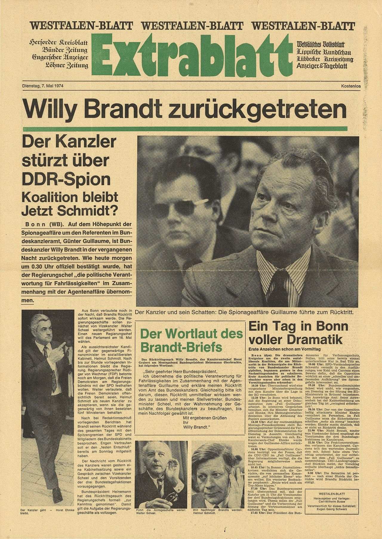 Beidseitig bedrucktes Zeitungsblatt; Vorderseite: Willy Brandt zurückgetreten. Der Kanzler stürzt über DDR-Spion, Der Wortlaut des Brandt-Briefs, Ein Tag in Bonn voller Dramatik.
Rückseite: Die Chronik einer Affäre, Das Ende einer Ära, Der politische Weg Willy Brandts, Erschütterndes Eingeständnis Willy Brandts.