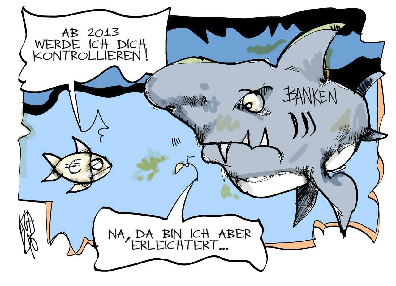 Die Karikatur zeigt einen Hai mit der Aufschrift 
