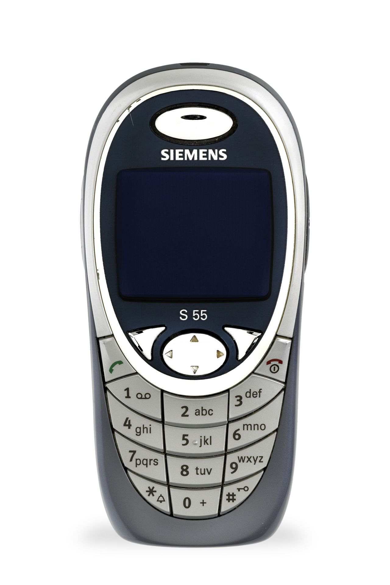 Blaugraues Handy mit silberfarbener Tastatur und quadratischem Display; oben Schriftzug: Siemens, unter dem Display: S 55.