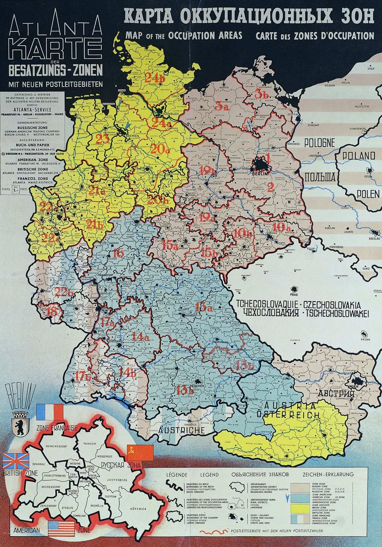 Viersprachige Karte der Besatzungszonen in Deutschland mit neuen Postleitzahlen