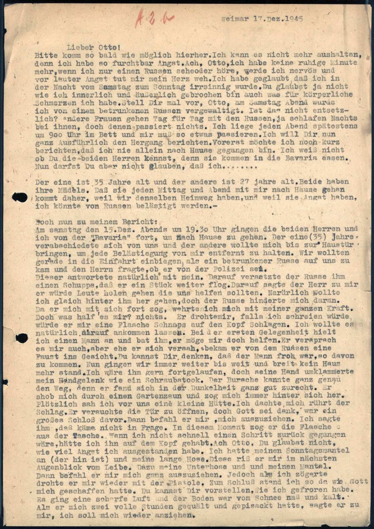 Eine Weimarerin berichtet in einem Brief vom 17. Dezember 1945 an ihren Mann von ihrer Vergewaltigung durch einen sowjetischen Besatzungssoldaten.