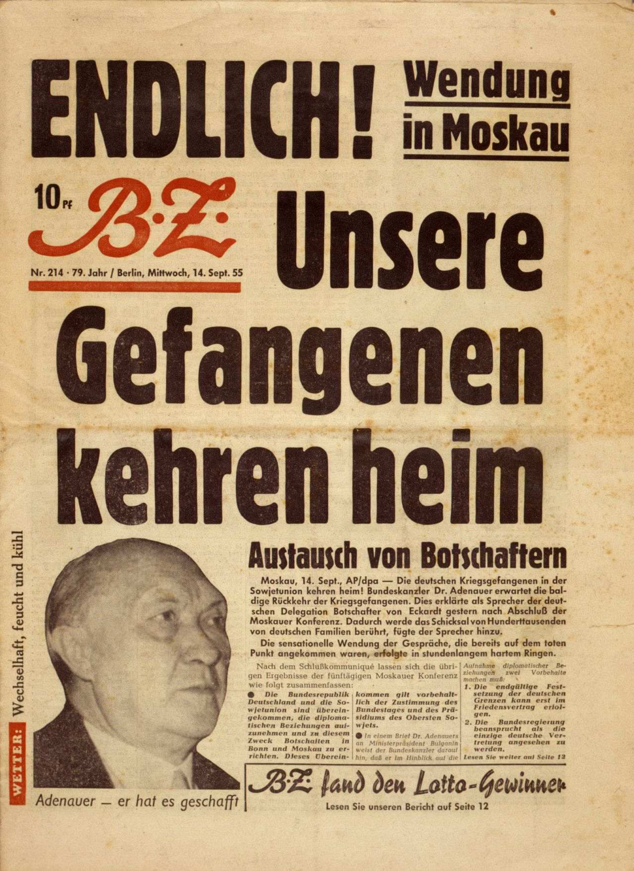 Schlagzeile der BZ (Nr. 214) zu Bundeskanzler Konrad Adenauers Moskaureise