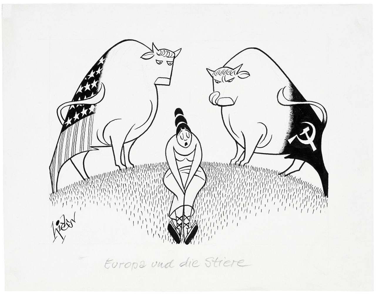 Europa sitzt in bedrückter Haltung auf einer Wiese. Links hinter ihr steht ein Stier mit amerikanischer, rechts einer mit sowjetischer Flagge. Dieser leckt sich mit der Zunge die Lippen.