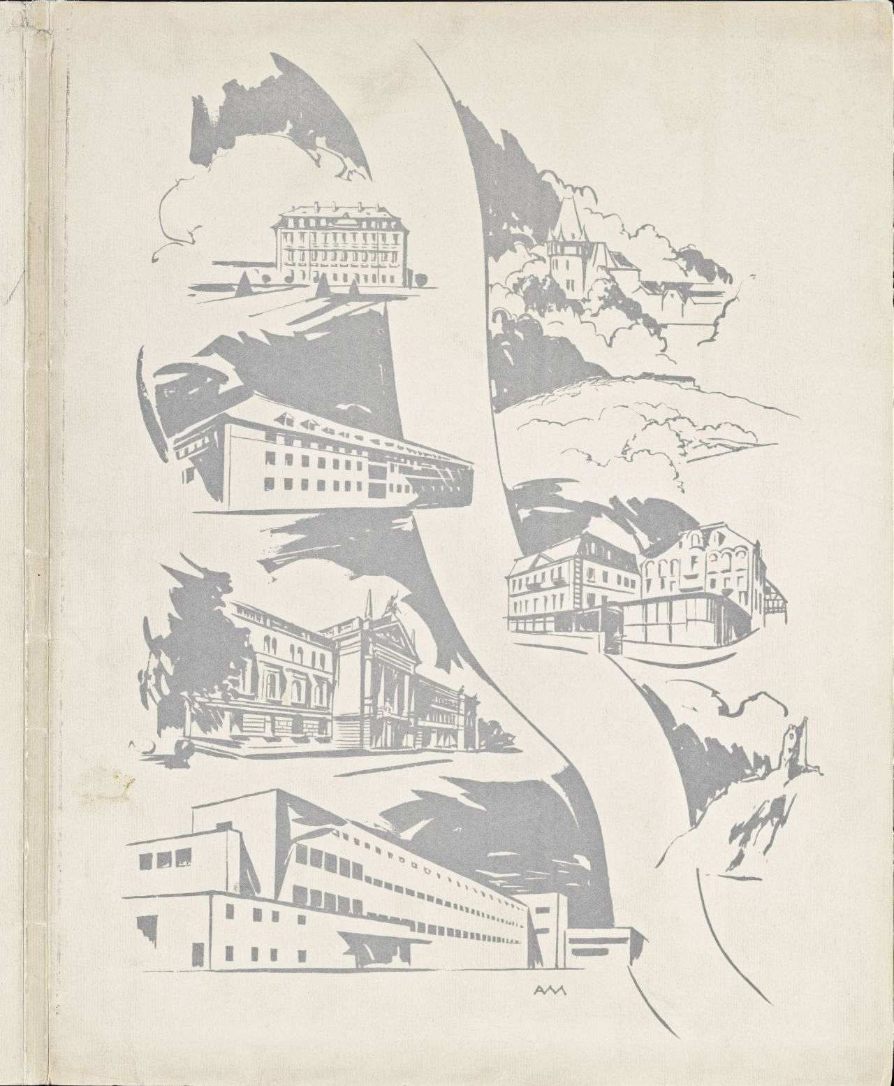 Faltmappe für verschiedene Unterlagen über die Stadt Bonn; auf dem Deckel schwarz/weiße Abbildung mit grauer Zeichnung von verschiedenen Gebäuden der Stadt Bonn. Innen Schwarz/weiß-Fotografien, Pläne, Stellungnahmen.