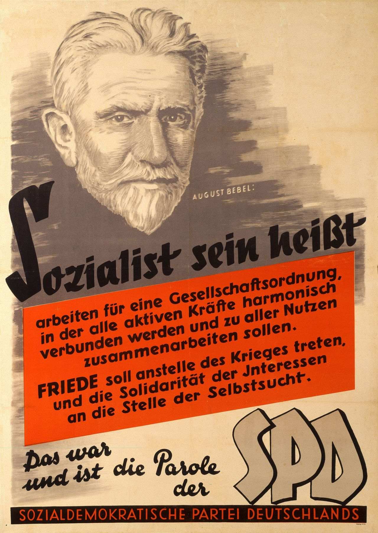 Porträtzeichnung und Zitat von August Bebel. Farben: schwarz, grau, rot.