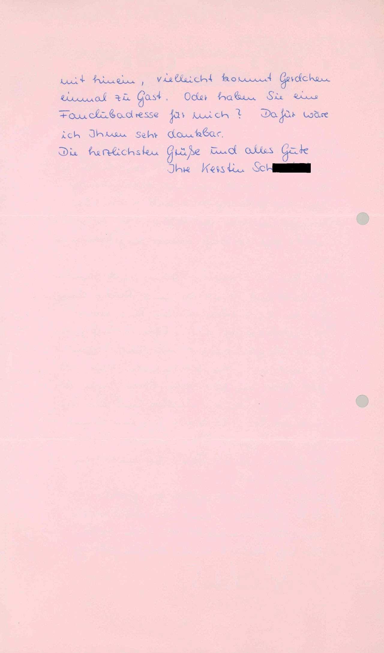 Brief auf rosa Papier, mit blauer Tinte geschrieben