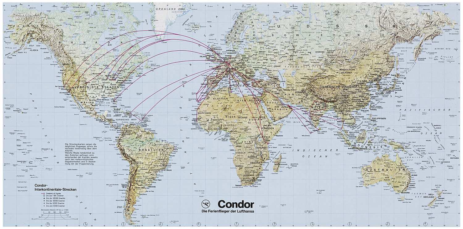 Farbige Weltkarte mit roten Punkten und Verbindungslinien in Europa, Teilen Afrikas sowie den USA und Mittelamerika. Sie gehen aus vom Zentrum Frankfurt (Main). Text: Condor. Die Ferienflieger der Lufthansa. Condor-Interkontinentale-Strecken.