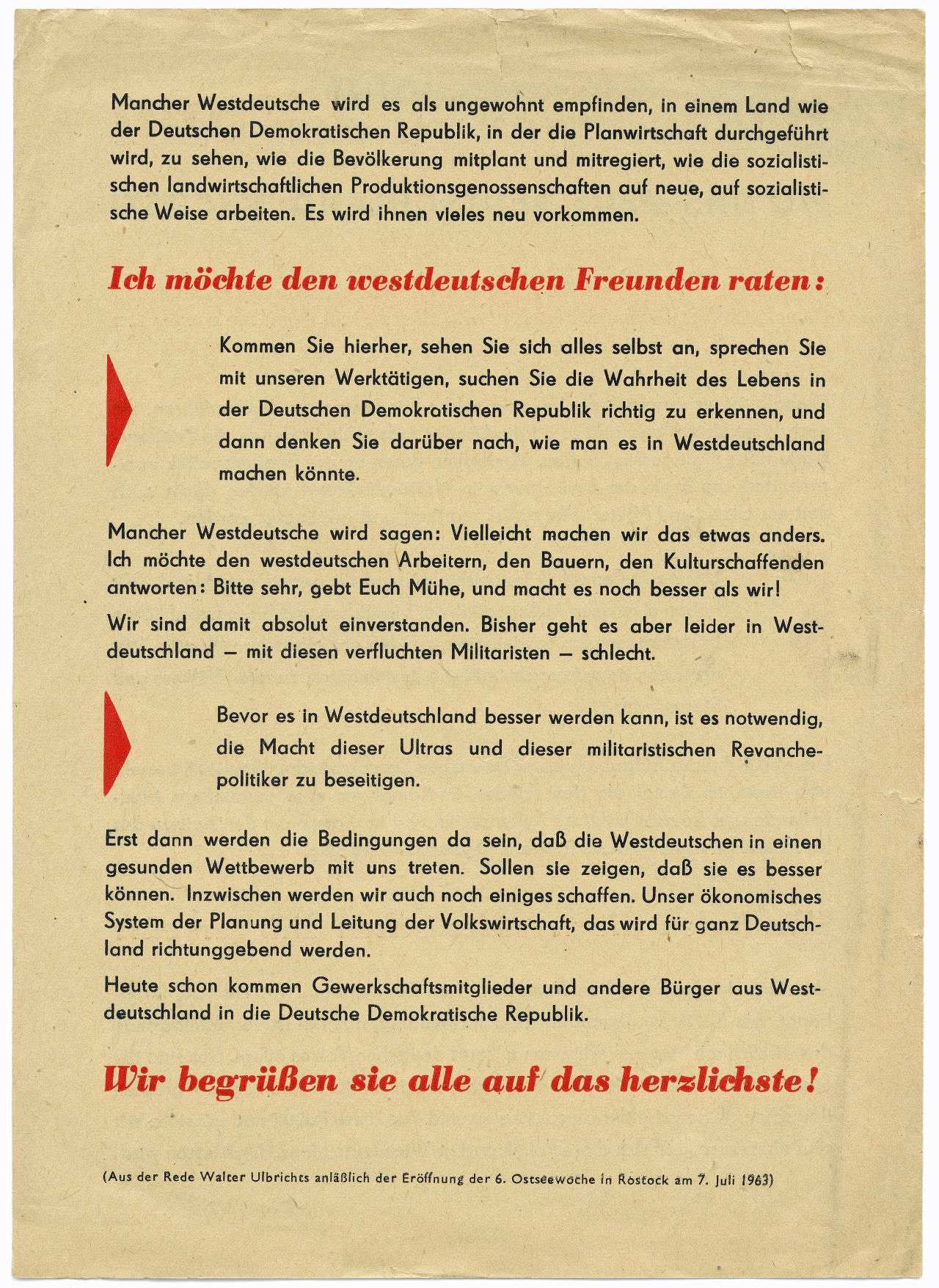 Rückseite des Flugblattes mit dem Titel: Willkommen in der DDR. Fortsetzung des Text. Unter dem Fließtext schließt die Seite mit rotem Fettdruck: Wir begrüßen sie alle auf das herzlichste!
