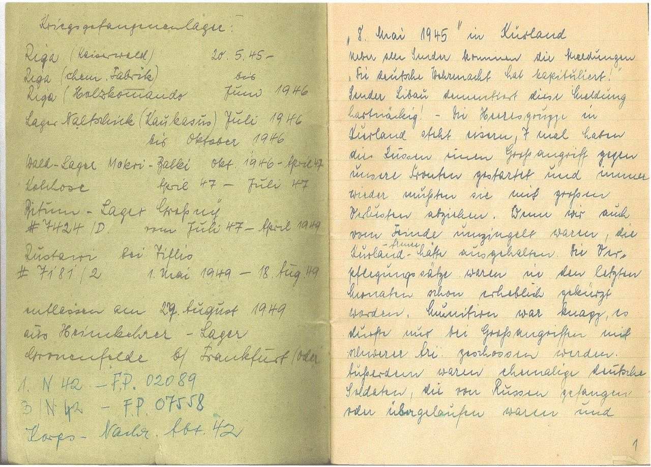 Seite 1 aus den Aufzeichungen von Helmut Dix: Meine Erlebnisse in russischer Kriegsgefangenschaft, Berlin 1950, Seite 1.