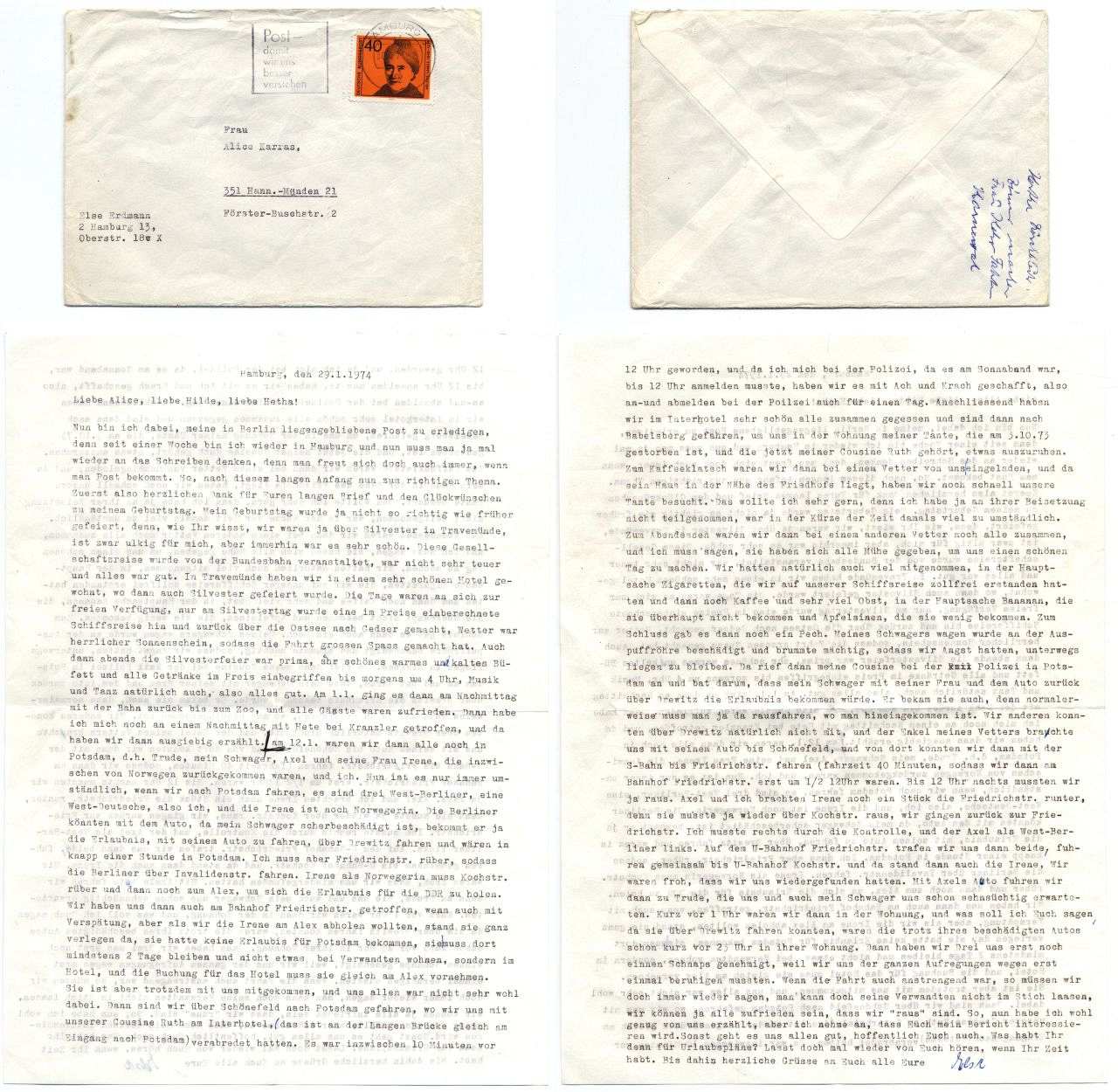 Maschinenschriftlicher Brief: Zeitzeugin Else Erdmann schreibt in einem Brief von 1974 über die Aufregungen beim Grenzübergang bei einem Besuch in Berlin und Potsdam.