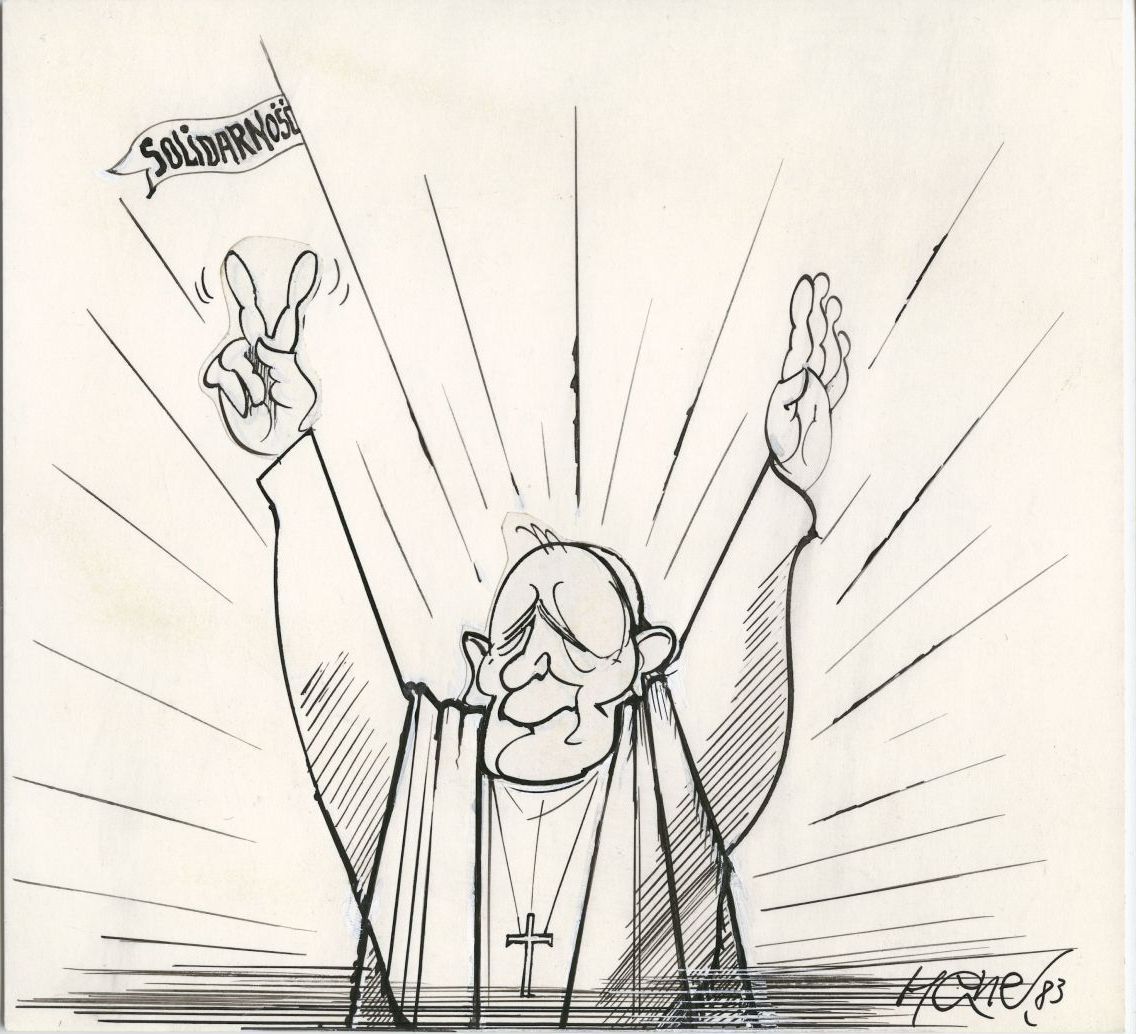 Karikatur von Papst Johannes Paul II. in Siegerpose mit Strahlenkranz und der Aufschrift 