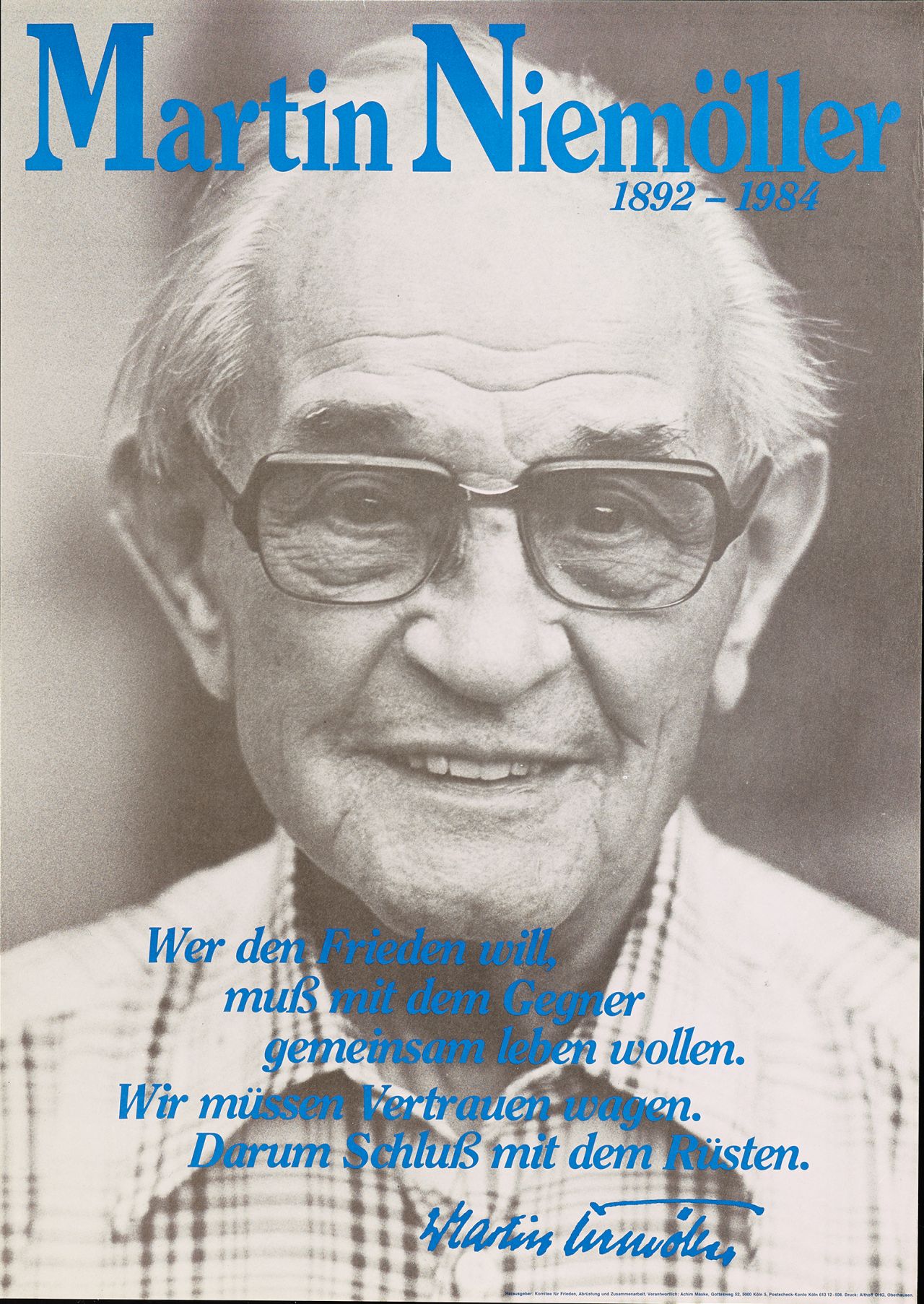 Plakat des Komitees für Frieden, Abrüstung und Zusammenarbeit mit dem Konterfei von Martin Niemöller