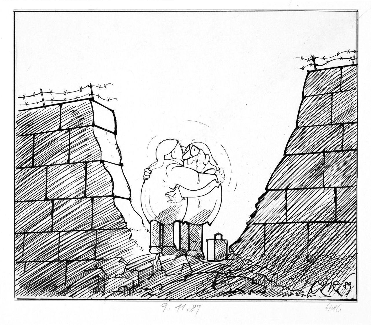Karikatur, Motiv: zwei sogenannte deutsche Michel, die sich in Loch in der Mauer weinend umarmen; unten, links: Unterschrift Hanel und Jahr: 89; unterhalb des Bildes: handschriftliche Notiz mit Bleistift: 9.11.89.