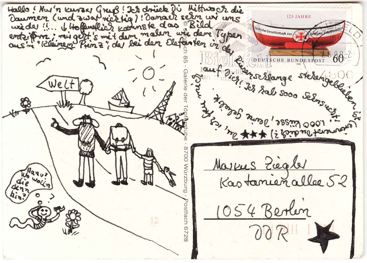Diese Postkarte schreibt Katja Hildebrand 1990 an ihren Geliebten Markus Ziegler - er stammt aus Ost-Berlin, sie aus Westfalen. 