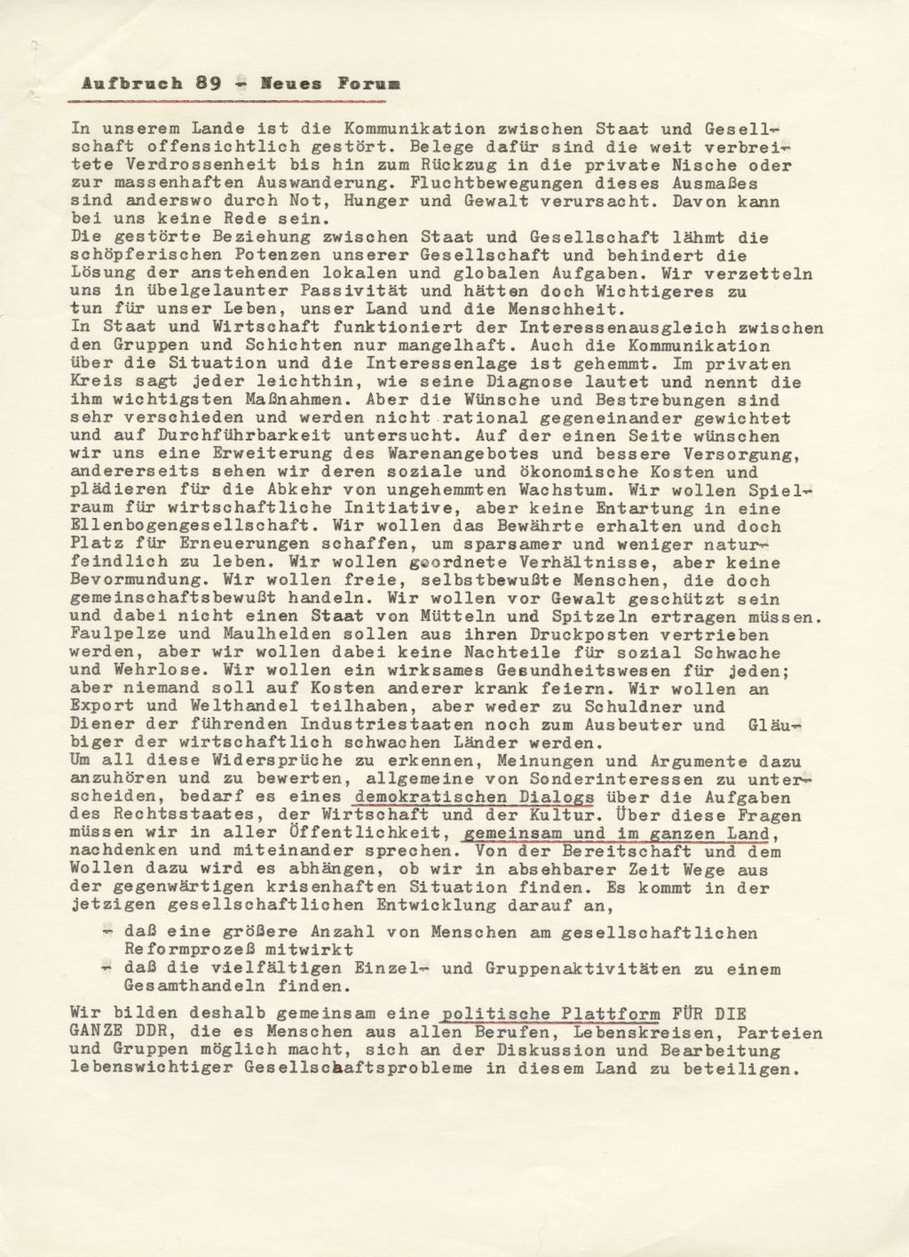 Zwei seitiger typographischer Text mit dem Gründungsaufruf des Neuen Forums - Aufbruch 89 mit Auflistung der Erstunterzeichner.